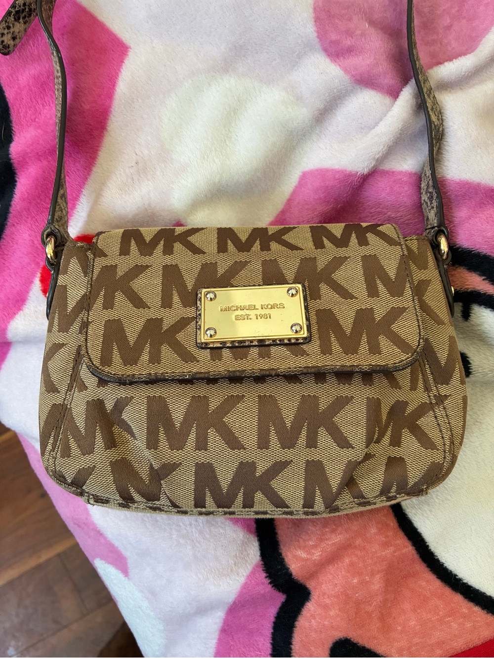 Michael Kors Brown MK Logo Crossbody with Gold Plaque